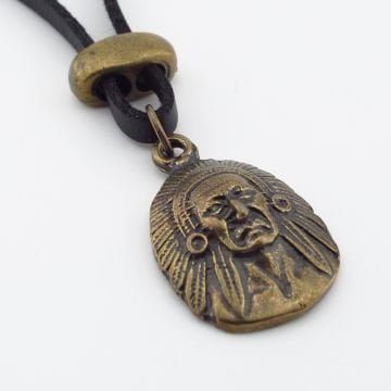 Kızılderili Şef Mitolojik Bronz Metal Siyah Deri Erkek Kolye Q0946