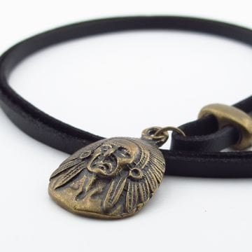 Kızılderili Şef Mitolojik Bronz Metal Siyah Deri Erkek Kolye Q0946