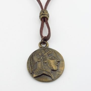 Antik Greek Sikke Madalyon Bronz Metal Gerçek Deri Erkek Kolye Q0948