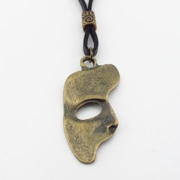Tiyatro Persona Yarım Maske Bronz Metal Siyah Deri Kolye Q0950