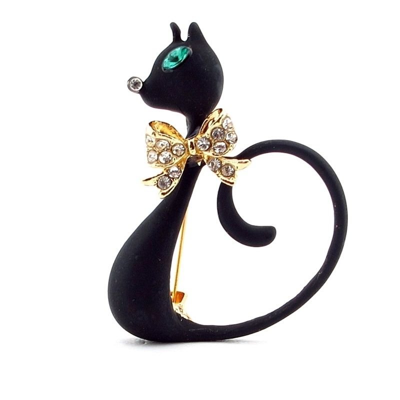 ZARİF KARA KEDİ ZİRKON TAŞLI BÜYÜK BOY ROZET BROŞ RZ071