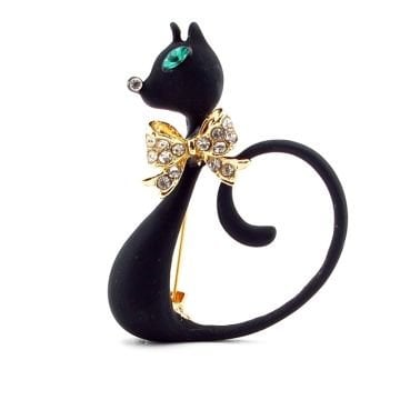 ZARİF KARA KEDİ ZİRKON TAŞLI BÜYÜK BOY ROZET BROŞ RZ071