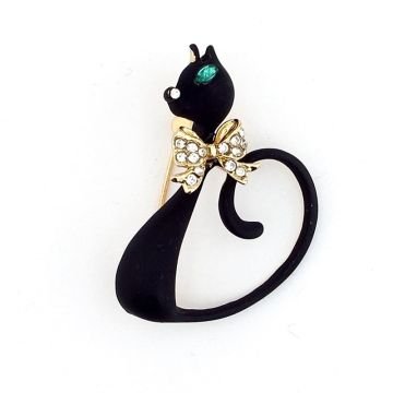 ZARİF KARA KEDİ ZİRKON TAŞLI BÜYÜK BOY ROZET BROŞ RZ071