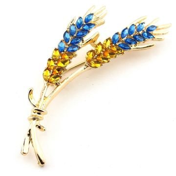 Sarı Mavi Başak Bolluk Bereket Simgesi Zirkon Taşlı Metal Broş RZ254