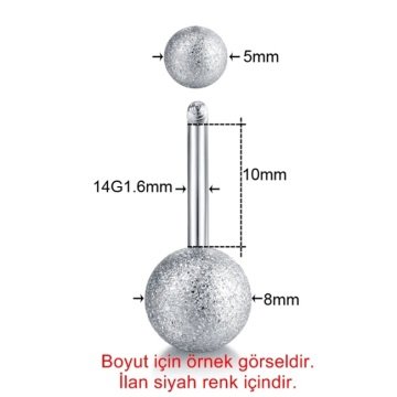 SİYAH RENK 8mm TOP UÇLU PASLANMAZ ÇELİK GÖBEK PİERCİNG P455B