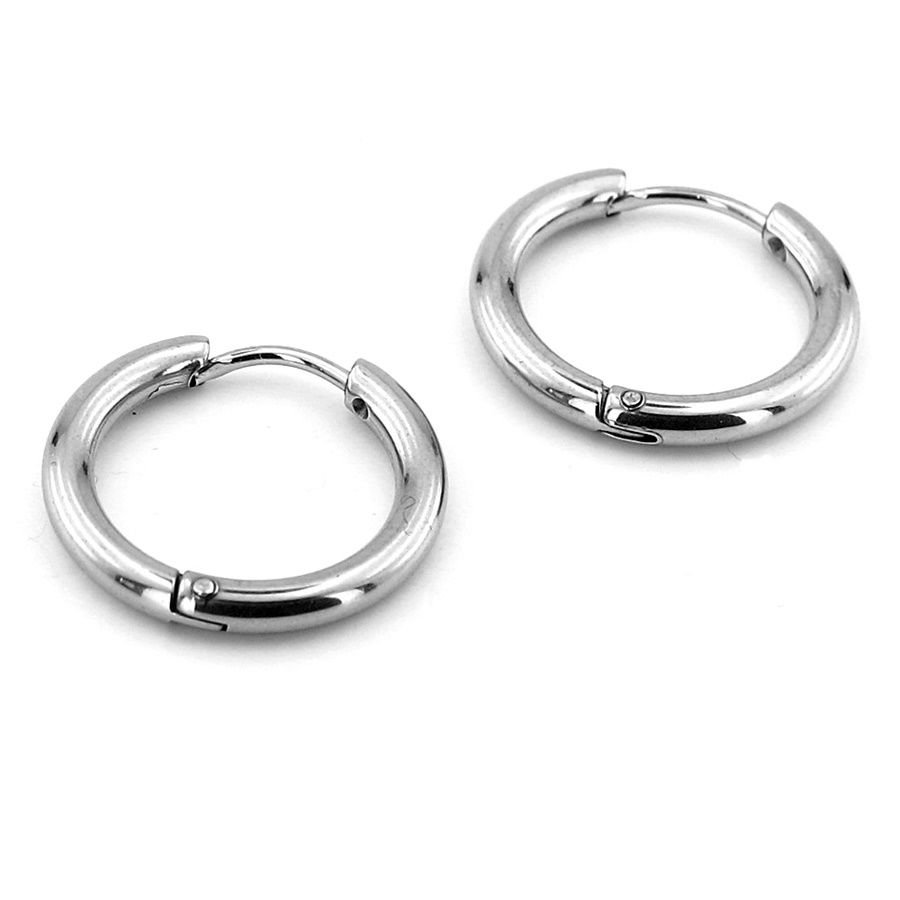 Gümüş Renkli Yuvarlak Hatlı 19mm Çap Çelik Halka Erkek Küpe ER001