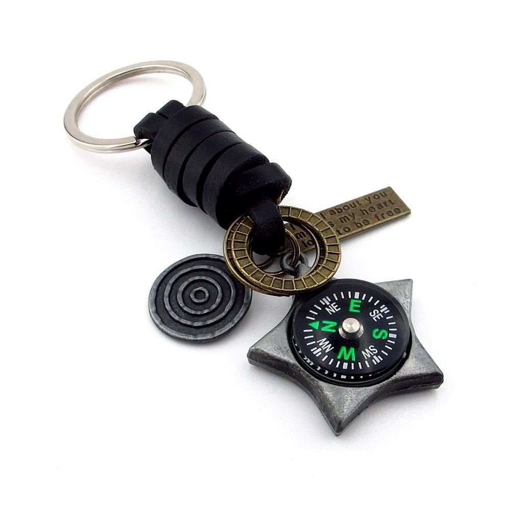 Pusulalı Yıldız Şeklinde Outdoor Gerçek Deri Metal Anahtarlık KC167