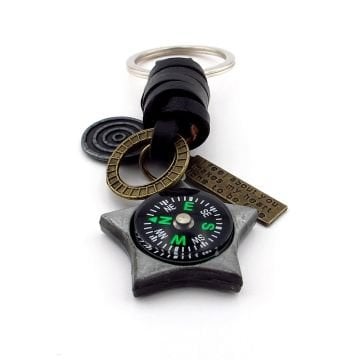 Pusulalı Yıldız Şeklinde Outdoor Gerçek Deri Metal Anahtarlık KC167