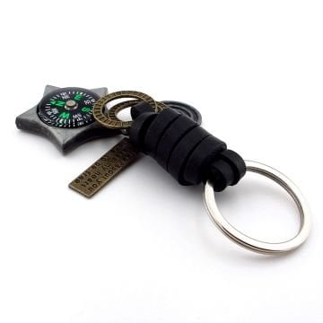 Pusulalı Yıldız Şeklinde Outdoor Gerçek Deri Metal Anahtarlık KC167
