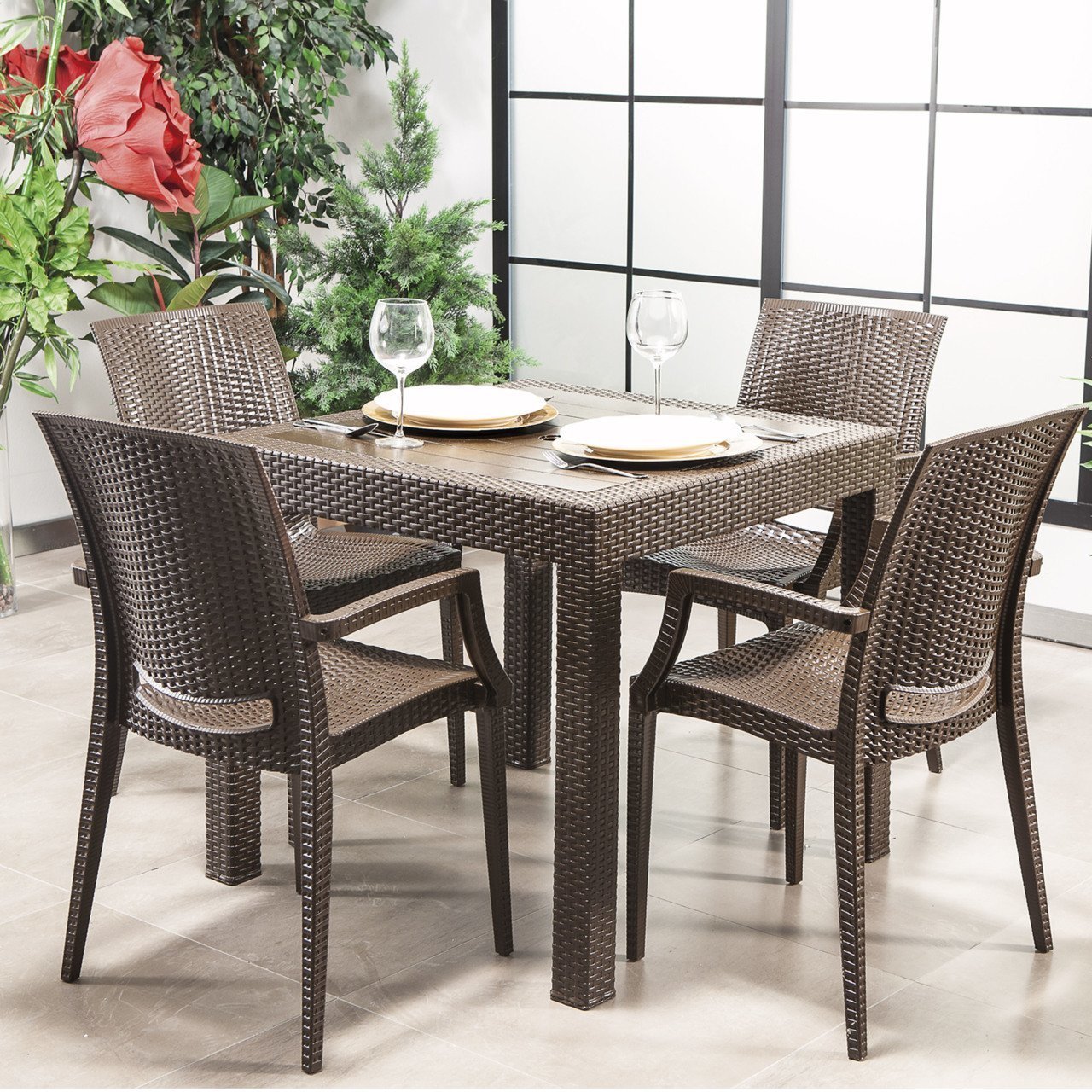 Rattan 80*80 Masa Seti Kollu Sandalye - Kahve