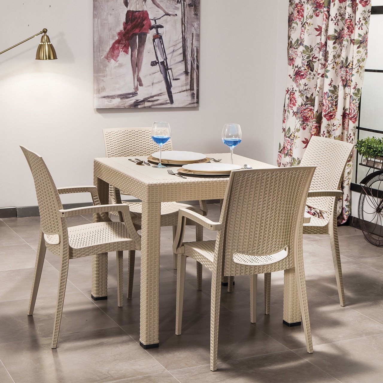 Rattan 80*80 Masa Seti Kollu Sandalye - Cappucino