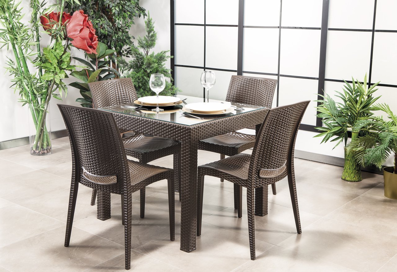 Rattan 80*80 Camlı Masa Seti - Kahve