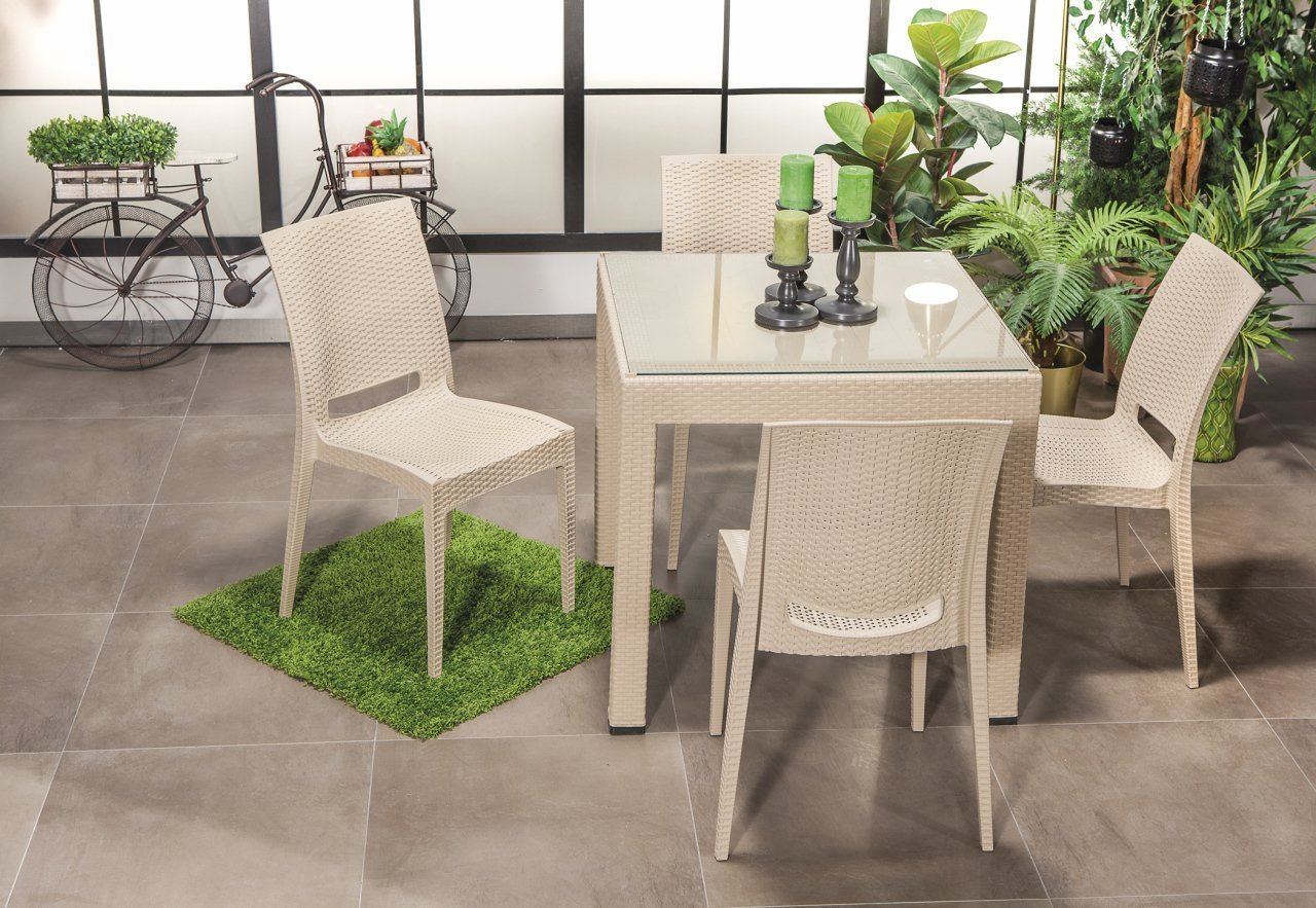 Rattan 80*80 Camlı Masa Seti - Cappucino
