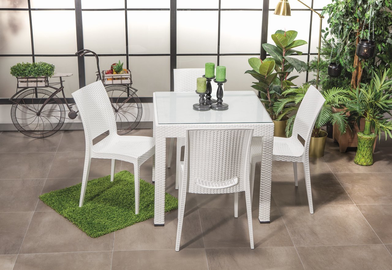 Rattan 80*80 Camlı Masa Seti - Beyaz