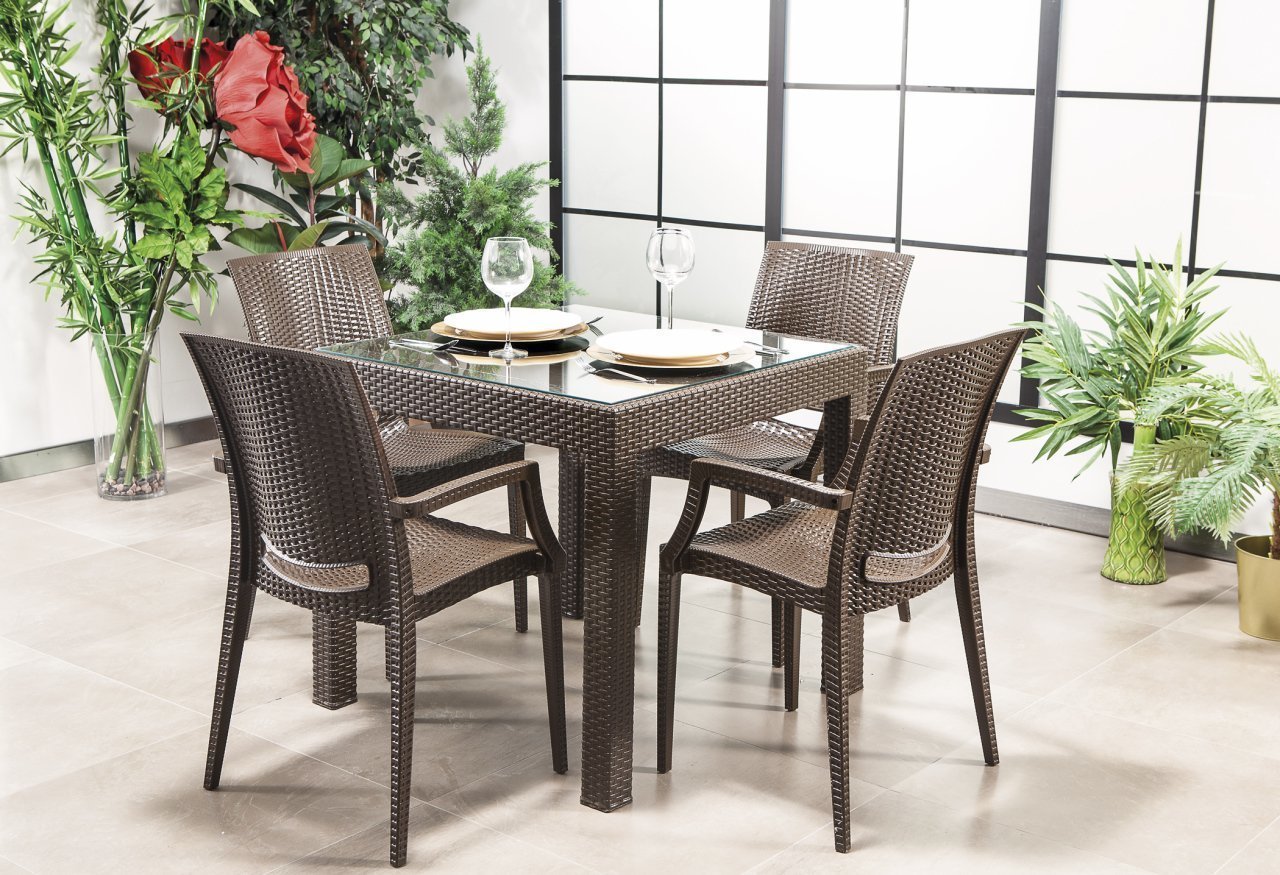 Rattan 80*80 Camlı Kollu Masa Seti - Kahve