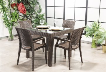 Rattan 80*80 Camlı Kollu Masa Seti - Kahve