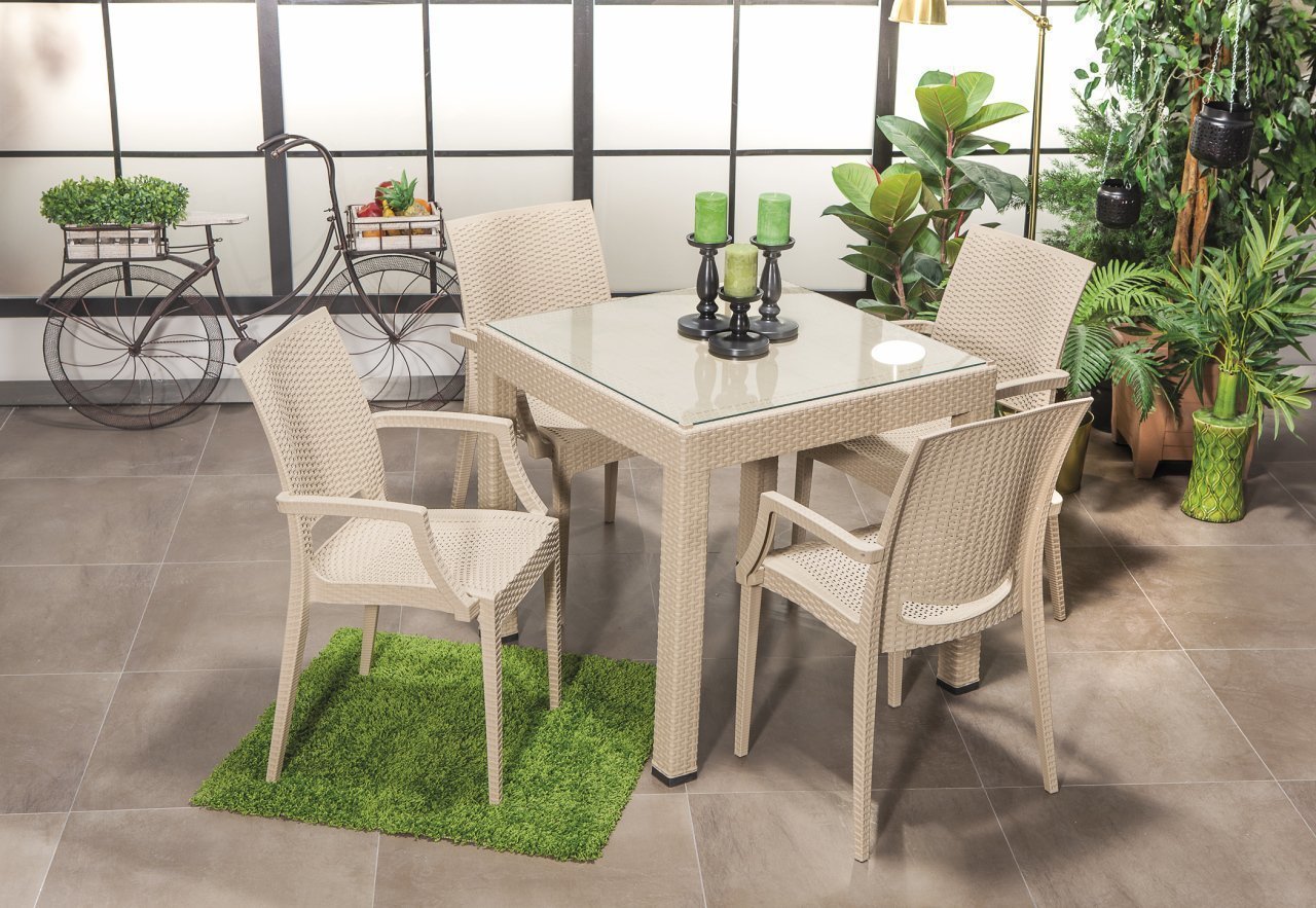 Rattan 80*80 Camlı Kollu Masa Seti - Cappucino