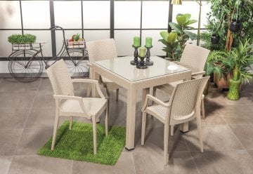 Rattan 80*80 Camlı Kollu Masa Seti - Cappucino