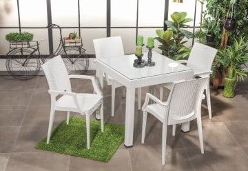 Rattan 80*80 Camlı Kollu Masa Seti - Beyaz