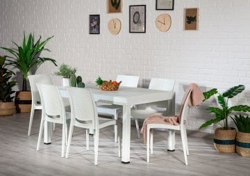 Rattan 90*150 Masa Seti - Beyaz