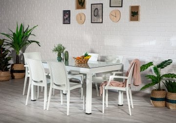 Rattan 90*150 Camlı Masa Seti Kollu Sandalye- Beyaz