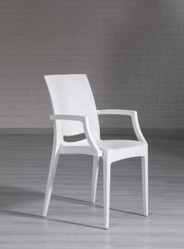 Rattan 90*150 Camlı Masa Seti Kollu Sandalye- Beyaz