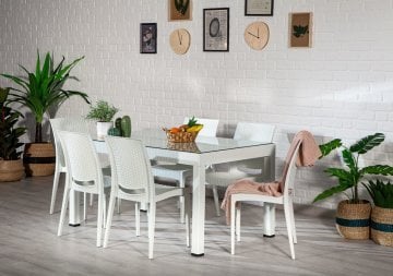 Rattan 90*150 Camlı Masa Seti - Beyaz