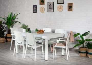 Rattan 90*150 Masa Seti Kollu Sandalye- Beyaz