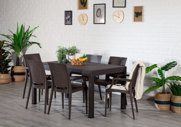Rattan 90*150 Masa Seti Kollu Sandalye- Kahve