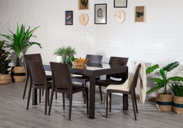 Rattan 90*150 Camlı Masa Seti - Kahve