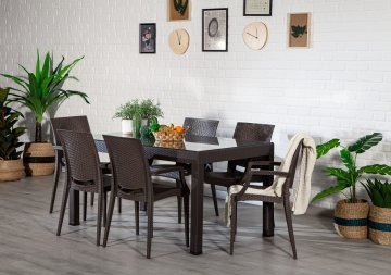 Rattan 90*150 Camlı Masa Seti Kollu Sandalye - Kahve