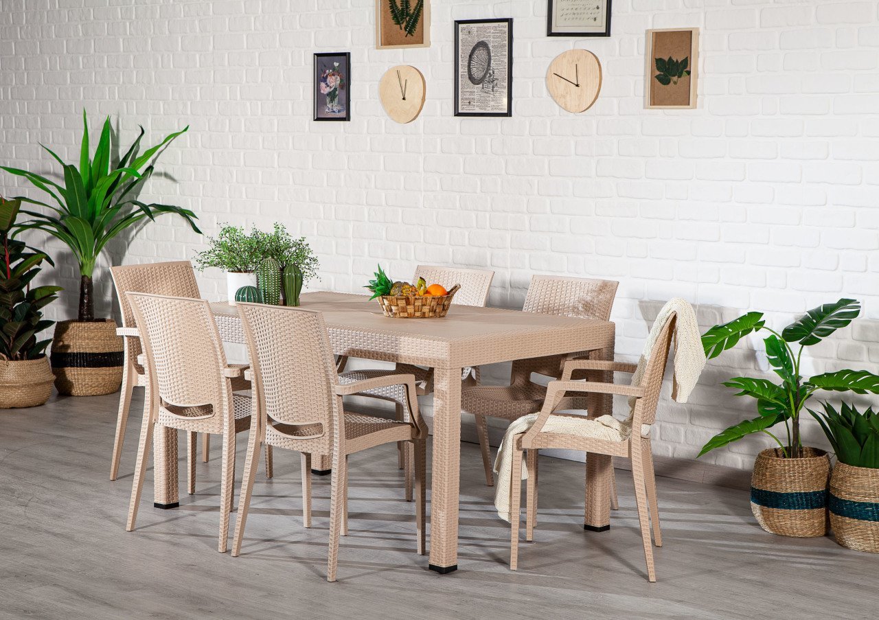 Rattan 90*150 Masa Seti Kollu Sandalye - Cappucino