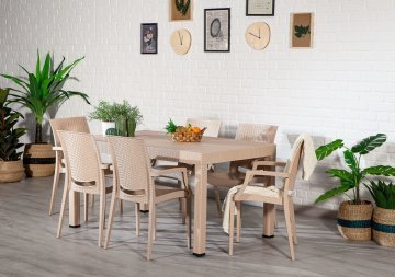 Rattan 90*150 Masa Seti Kollu Sandalye - Cappucino