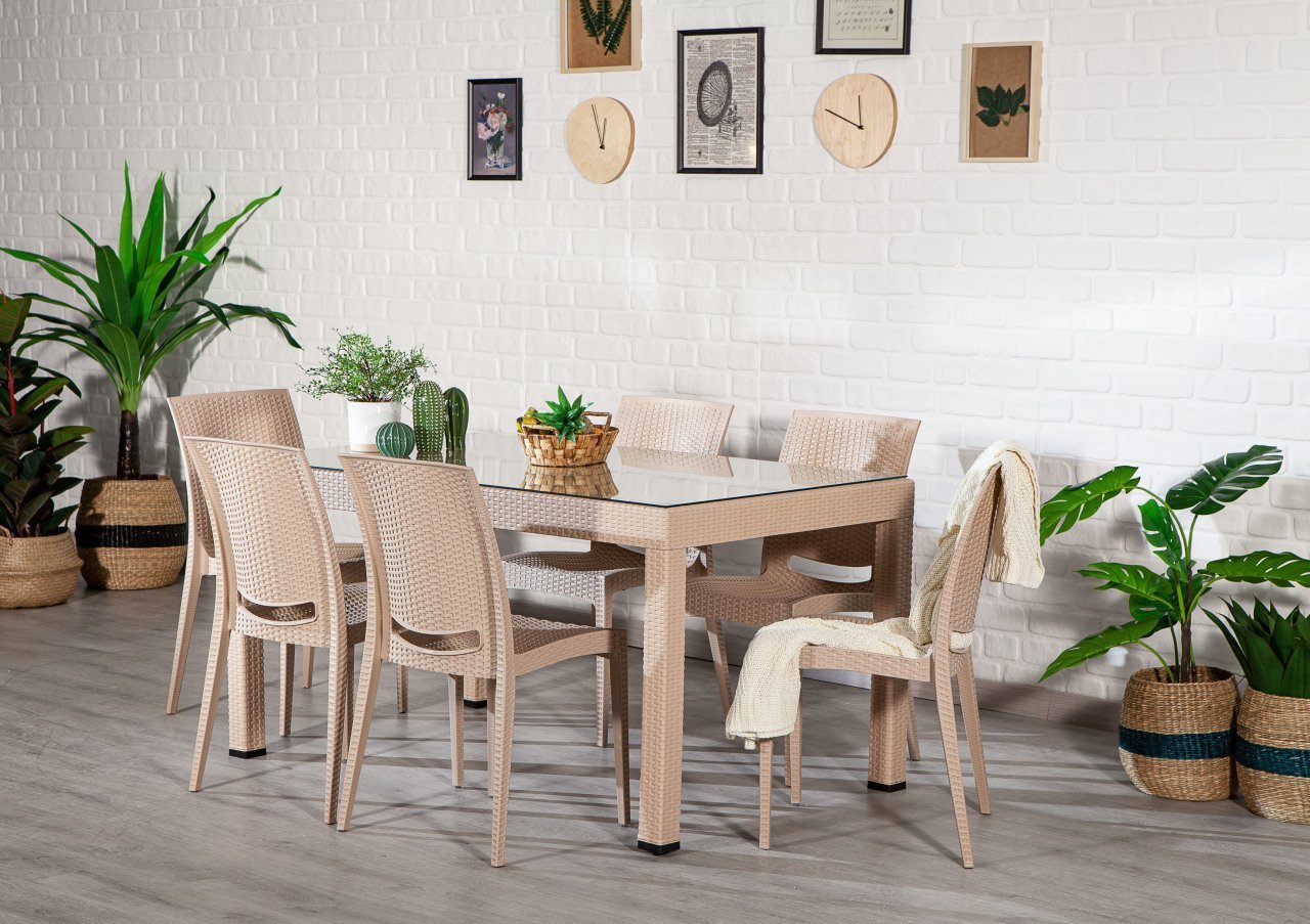 Rattan 90*150 Camlı Masa Seti - Cappucino
