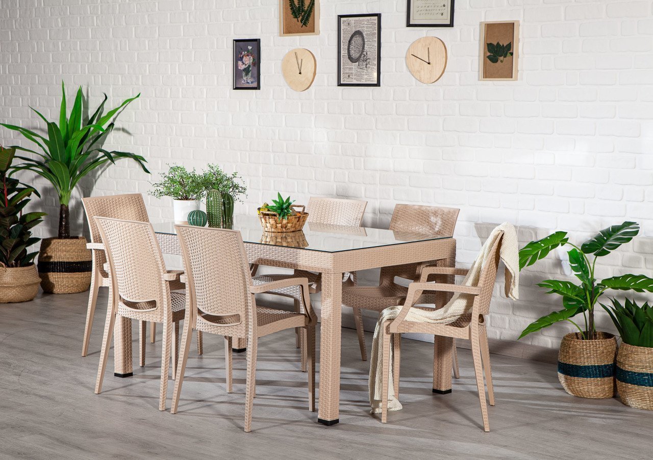 Rattan 90*150 Camlı Masa Seti Kollu Sandalye- Cappucino