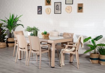 Rattan 90*150 Camlı Masa Seti Kollu Sandalye- Cappucino