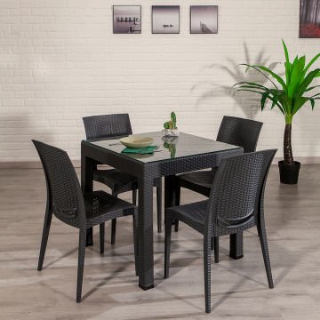 80*80 Rattan Masa Seti - Antrasit Camlı Kolsuz