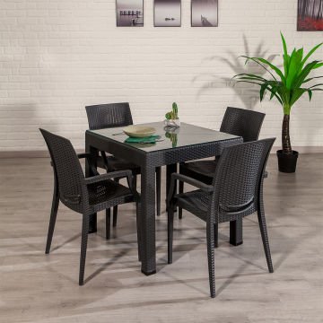 80*80 Rattan Masa Seti - Antrasit Camlı Kollu