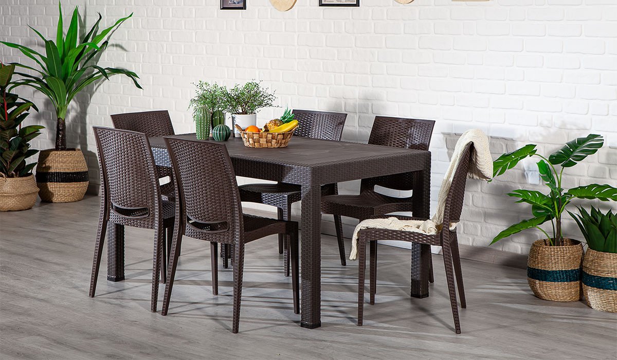 90*150 Rattan Masa Seti - Antrasit Camsız Kolsuz