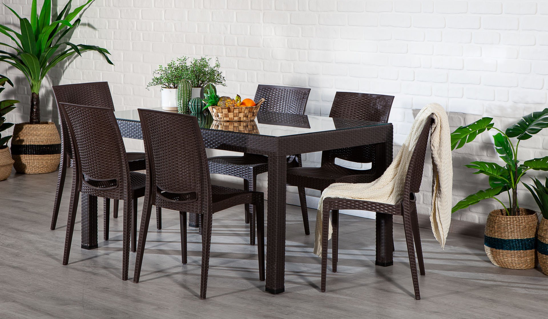 90*150 Rattan Masa Seti - Antrasit Camlı Kolsuz