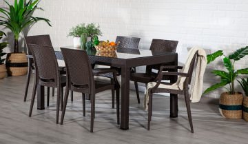 90*150 Rattan Masa Seti - Antrasit Camlı Kollu