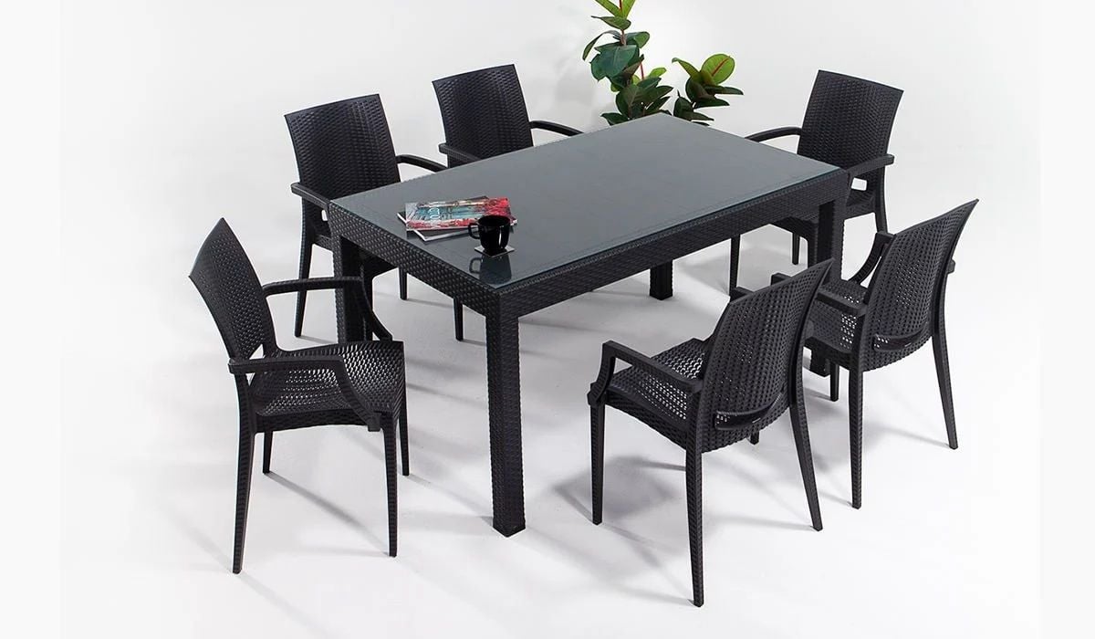 90*150 Rattan Table set - Antrasit Glass With arm