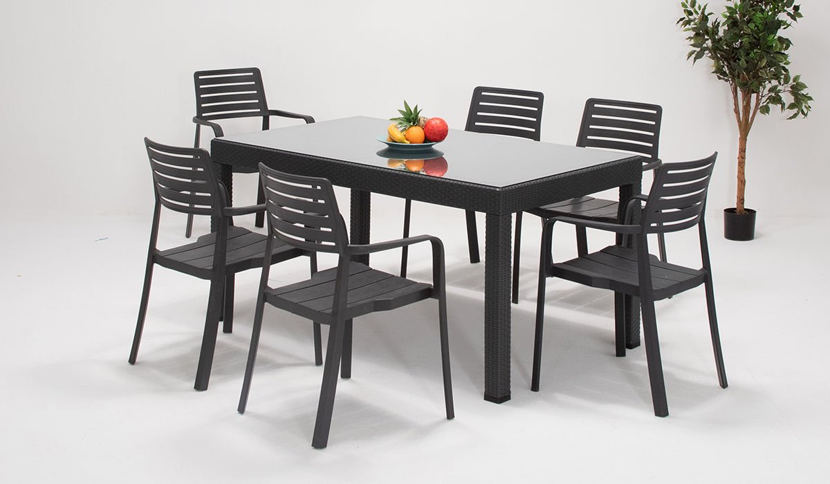 Lucia Rattan Large Camlı Masa Seti- Antrasit