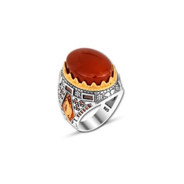 Beelo Silver 925K Gümüş Bordo Akik Motifli Yüzük