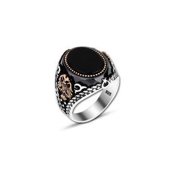 Beelo Silver 925K Gümüş Oniks Çift Başlı Kartal Motifli Yüzük