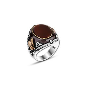 Beelo Silver 925K Gümüş Bordo Akik Motifli Yüzük