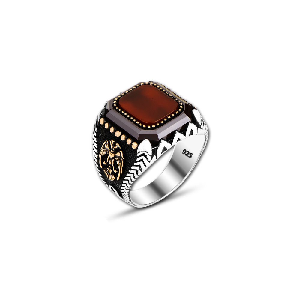 Beelo Silver 925K Gümüş Bordo Akik Motifli Yüzük