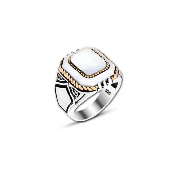 Beelo Silver 925K Gümüş Beyaz Oniks Motifli Kare Yüzük