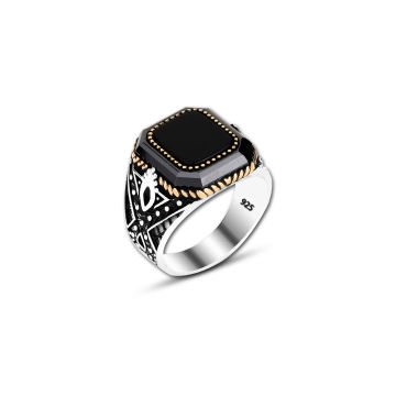 Beelo Silver 925K Gümüş Oniks Motifli Kare Yüzük