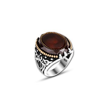 Beelo Silver 925K Gümüş Bordo Akik Motifli Yüzük